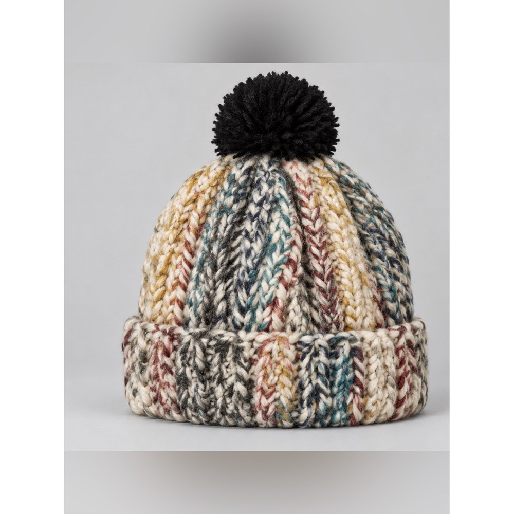 Chunky Multicolor Marled Cable Knit Pom-Pom Beanie Winter Hat Bohemian